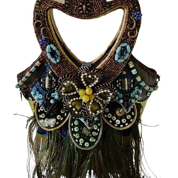 MARY FRANCES Bead & Feather Heart Handle Handbag - Picture 1 of 7